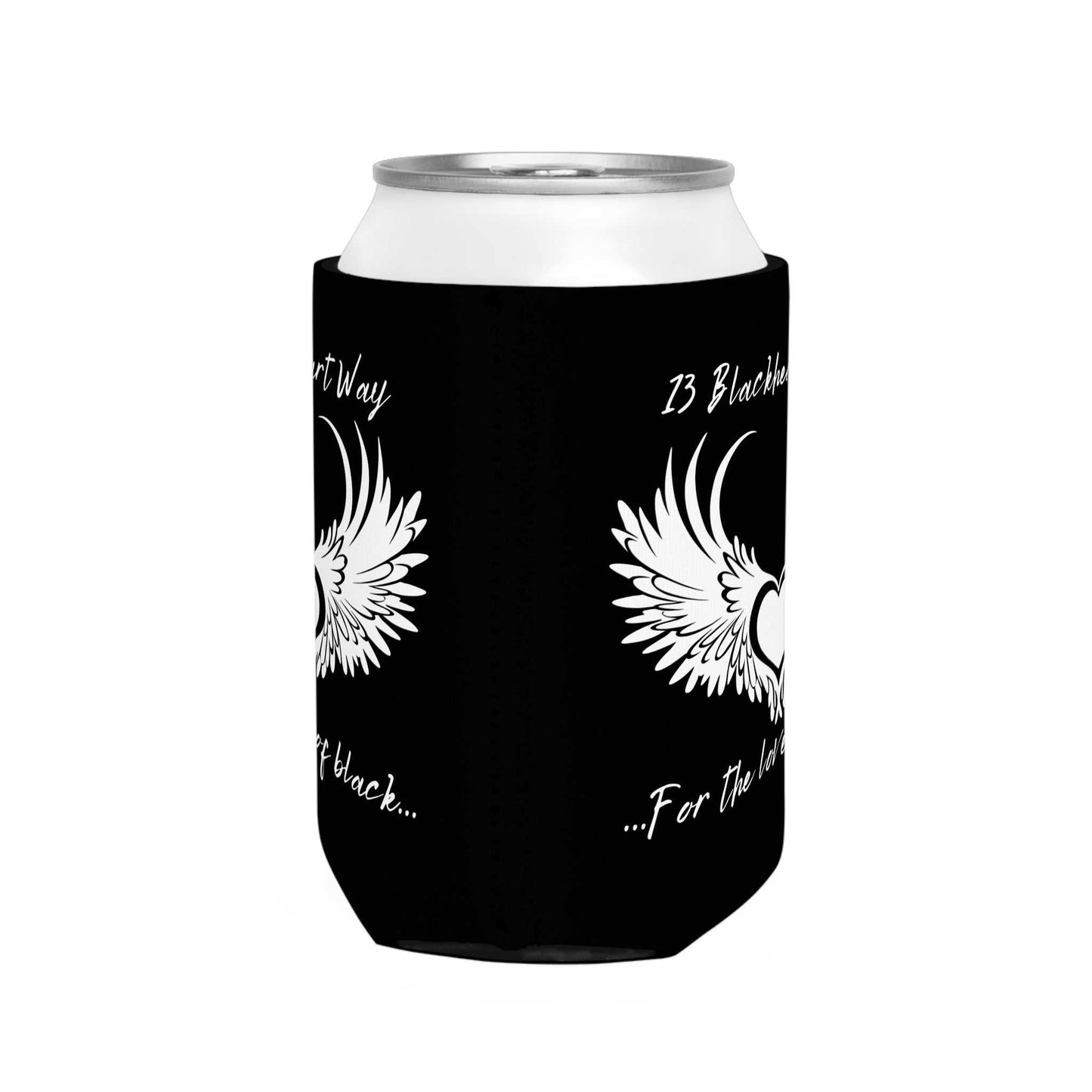 Blackheart logo can cooler sleeve with neoprene material for cold drinks.