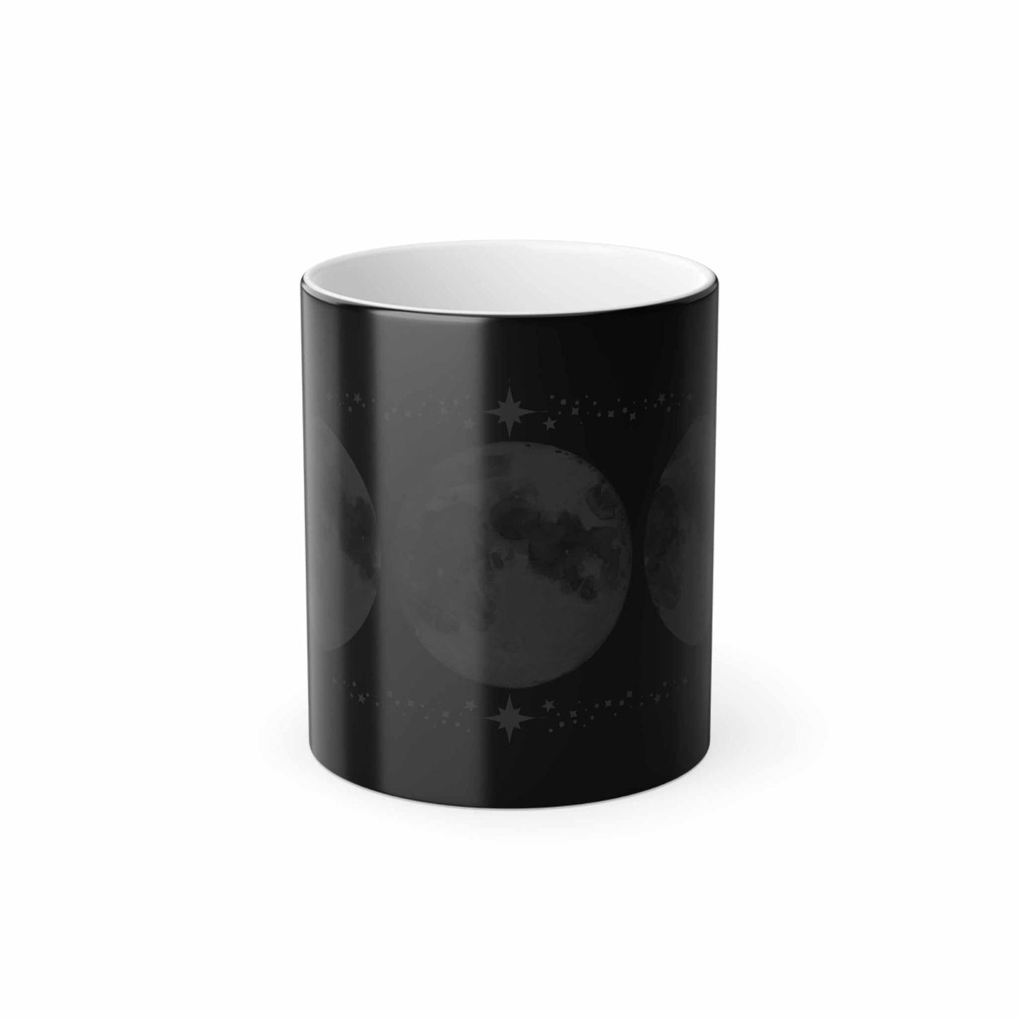 Celestial Color Morphing Mug with moon phases design, black exterior, heat-sensitive.