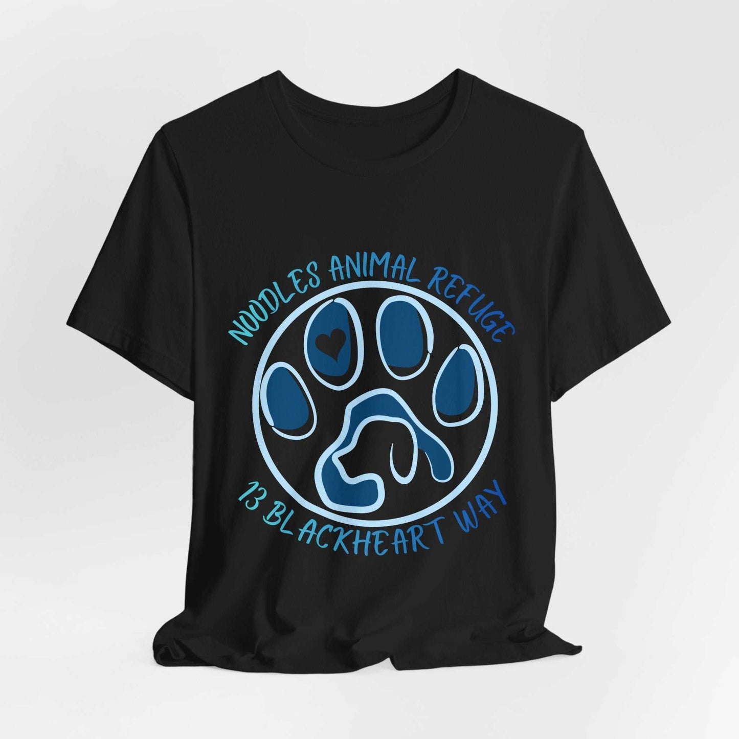 Black Look Good Do Good Tee featuring blue paw print logo for Noodles Animal Refuge and 13 Blackheart Way collaboration