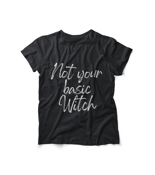 Black T-shirt with "Not your basic witch" printed design, perfect for Halloween enthusiasts.