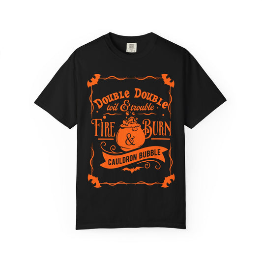 Black unisex Halloween tee with orange "Double Double witchy fire & burn cauldron bubble" design