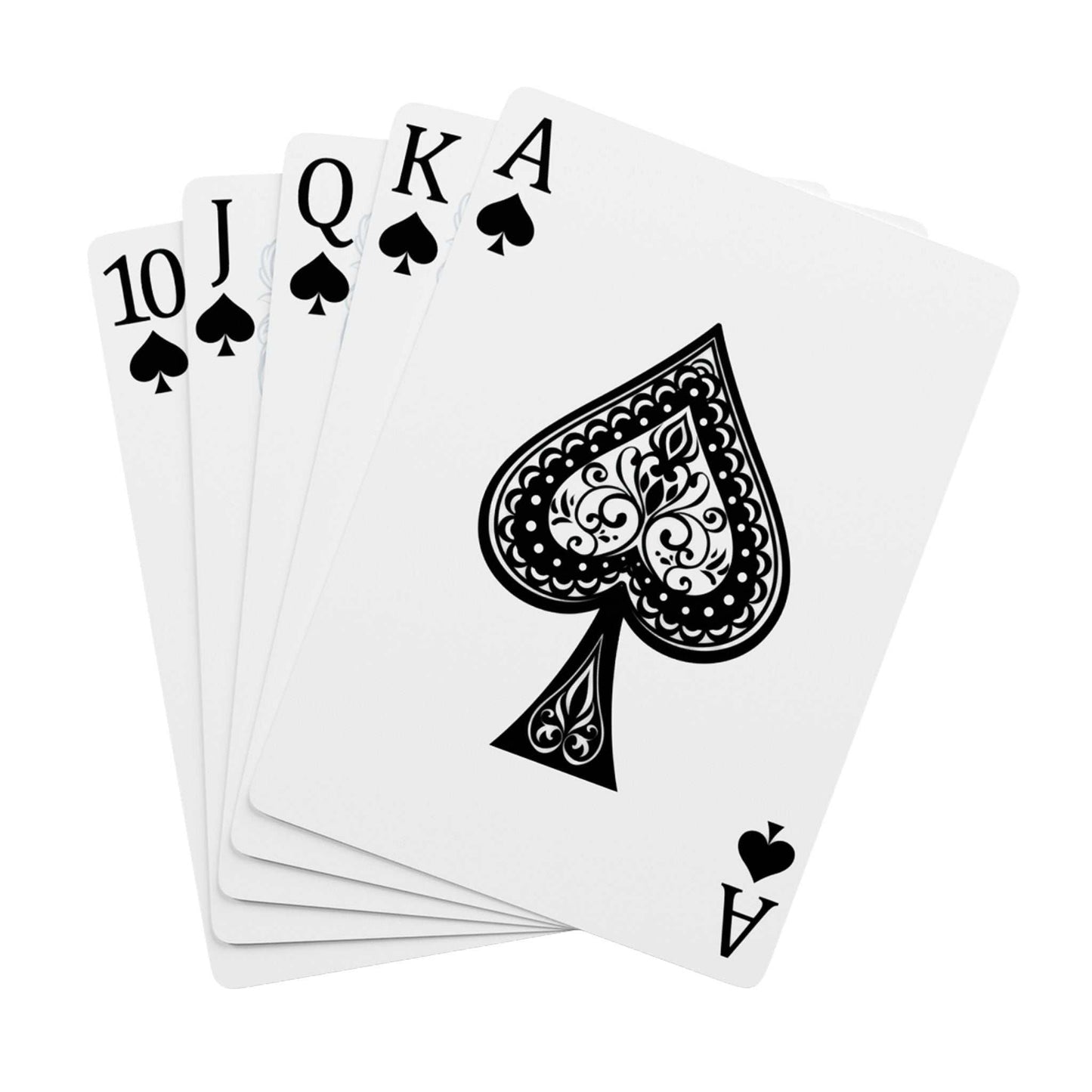 Set of 13 Blackheart Way Logo White playing cards featuring spade suit royal flush with intricate black design on white background