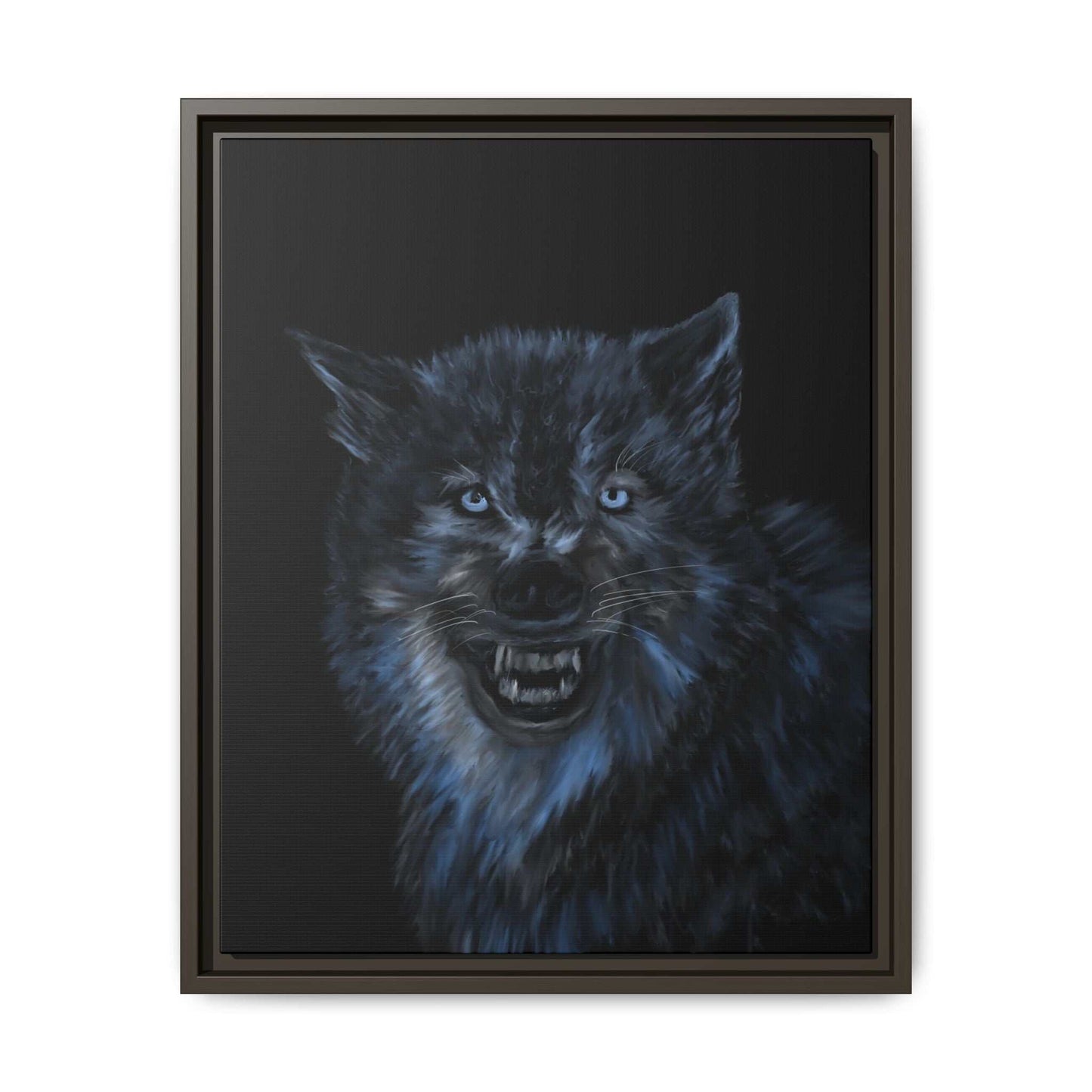 Fierce wolf matte canvas art with dark frame; striking wall decor for nature enthusiasts.