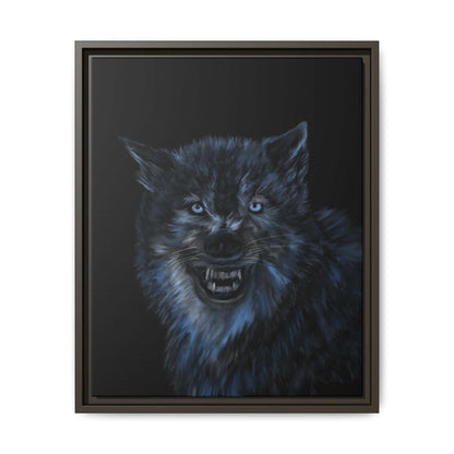 Fierce wolf matte canvas art with dark frame; striking wall decor for nature enthusiasts.