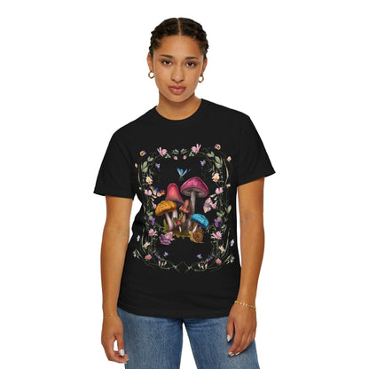 Mushroom Flower T-shirt with vibrant mushroom design, nature-inspired fashion.