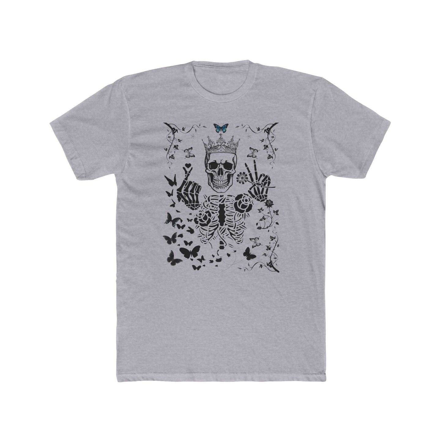 Unisex graphic t-shirt with skeleton and butterfly design, perfect for Halloween and casual wear, Skeleton King Crew Tee.