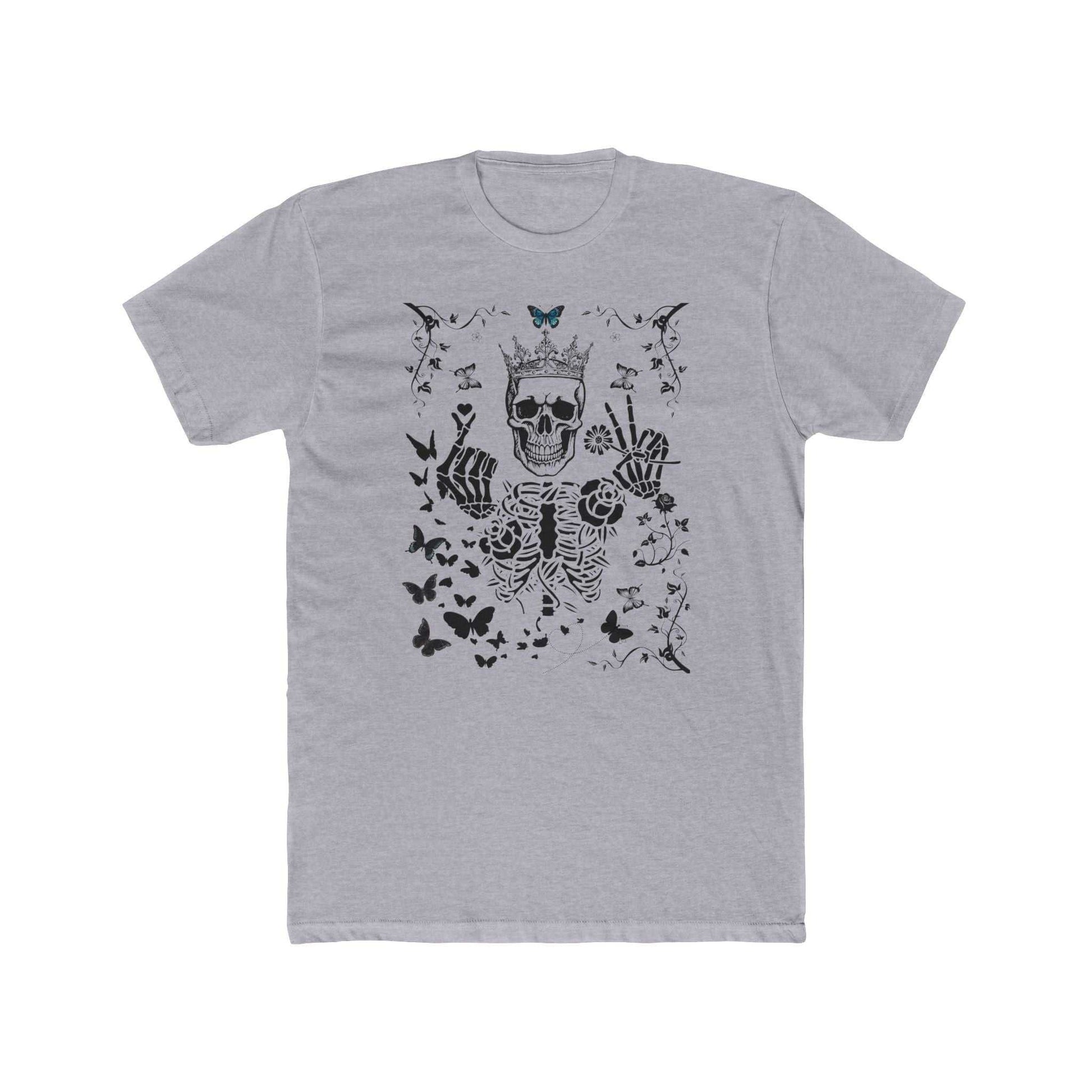 Unisex graphic t-shirt with skeleton and butterfly design, perfect for Halloween and casual wear, Skeleton King Crew Tee.