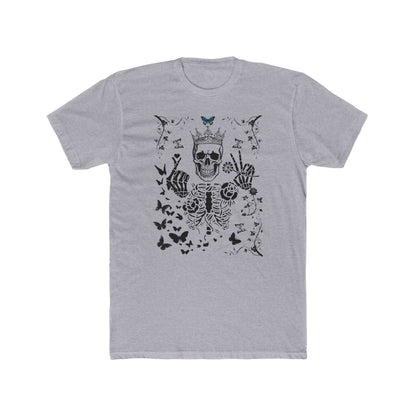Unisex graphic t-shirt with skeleton and butterfly design, perfect for Halloween and casual wear, Skeleton King Crew Tee.