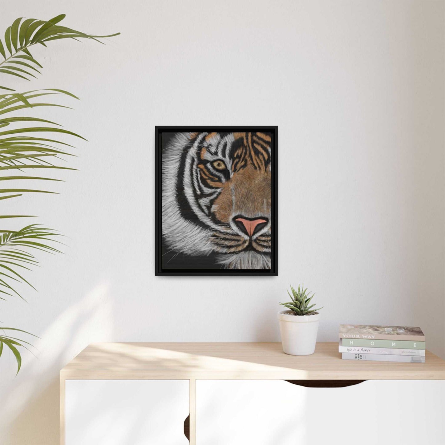 Tiger Matte Canvas framed art depicting a tiger, enhancing home decor and jungle-themed spaces.