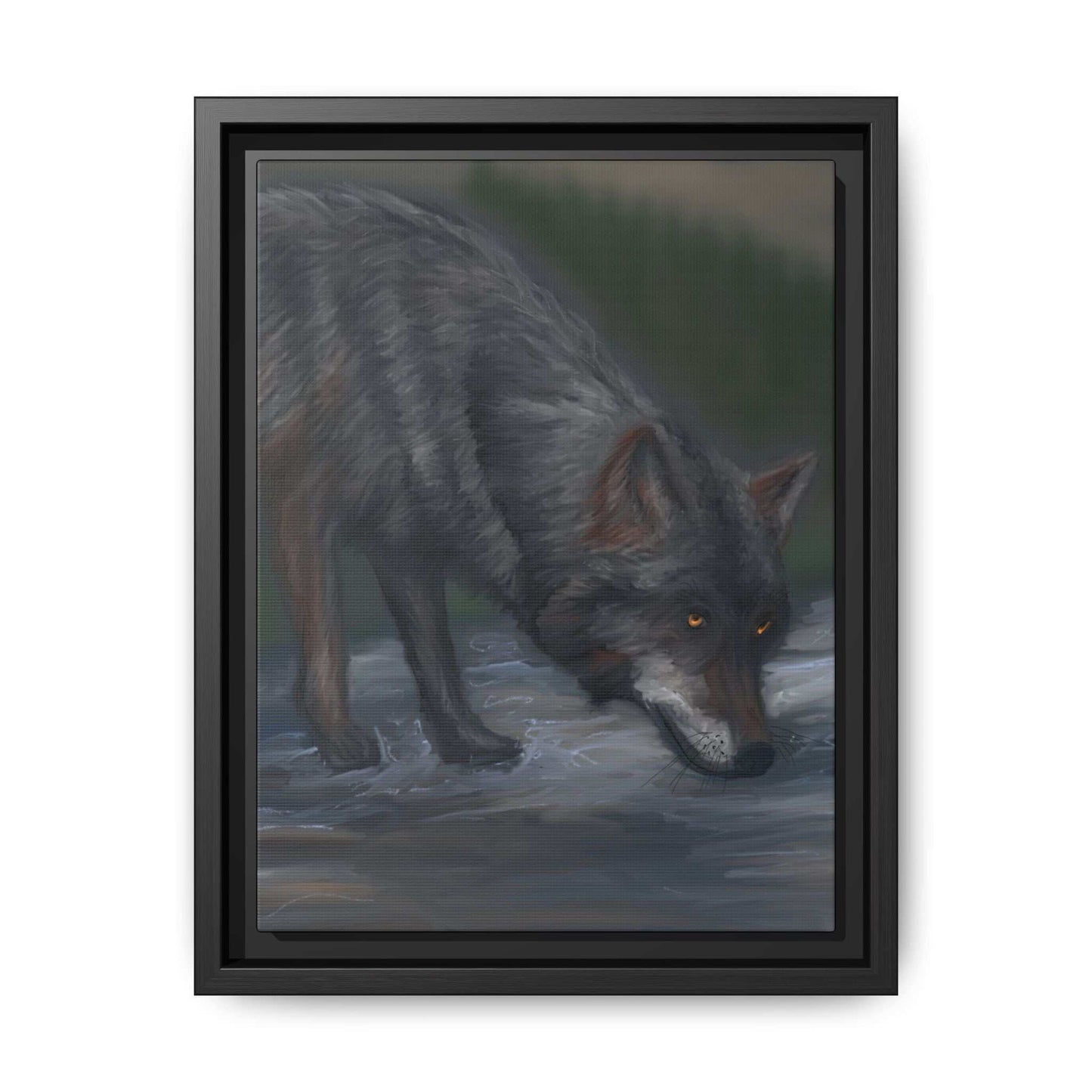 Framed wolf canvas art with a nature-inspired design, highlighting vibrant colors and a striking wolf motif.