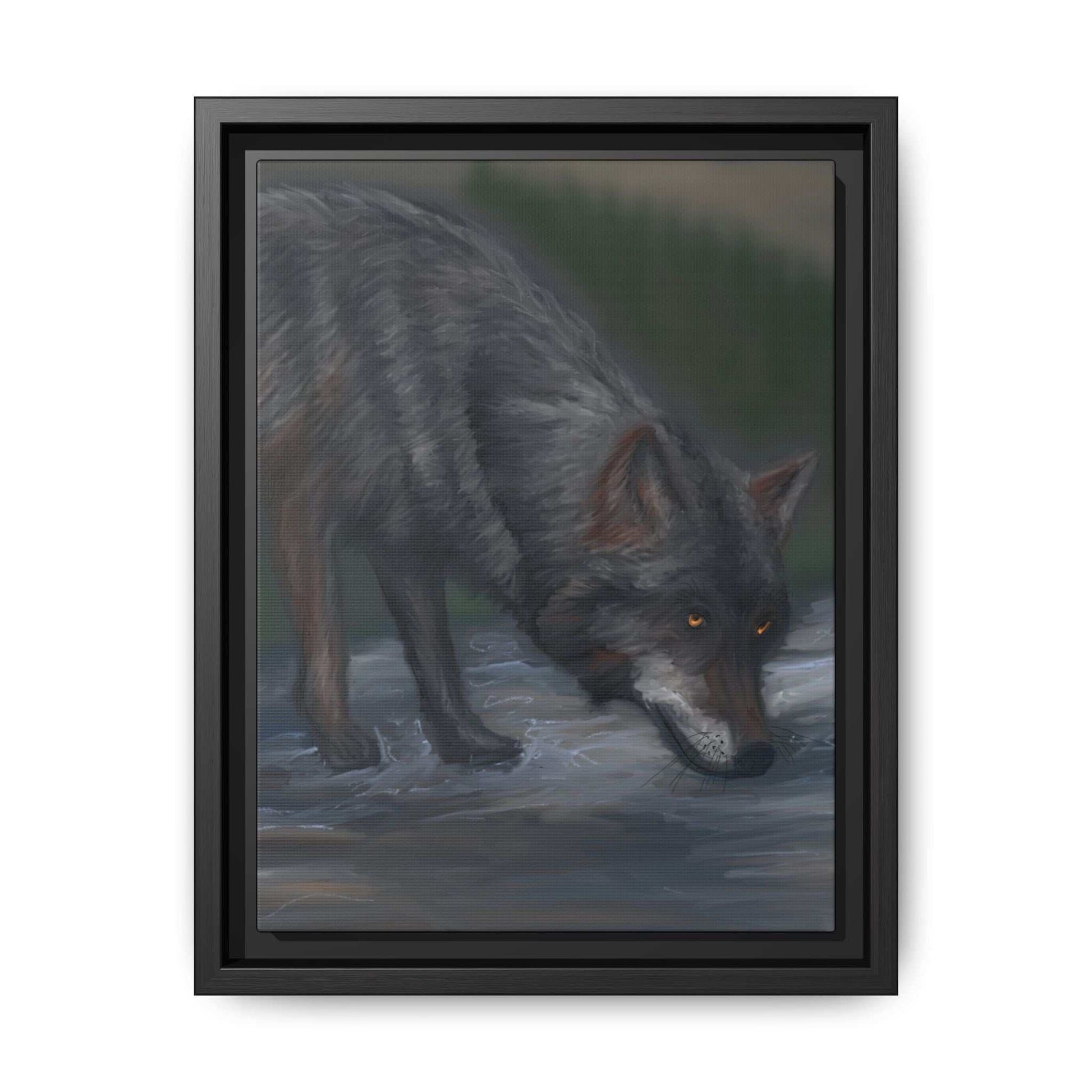Framed wolf canvas art with a nature-inspired design, highlighting vibrant colors and a striking wolf motif.