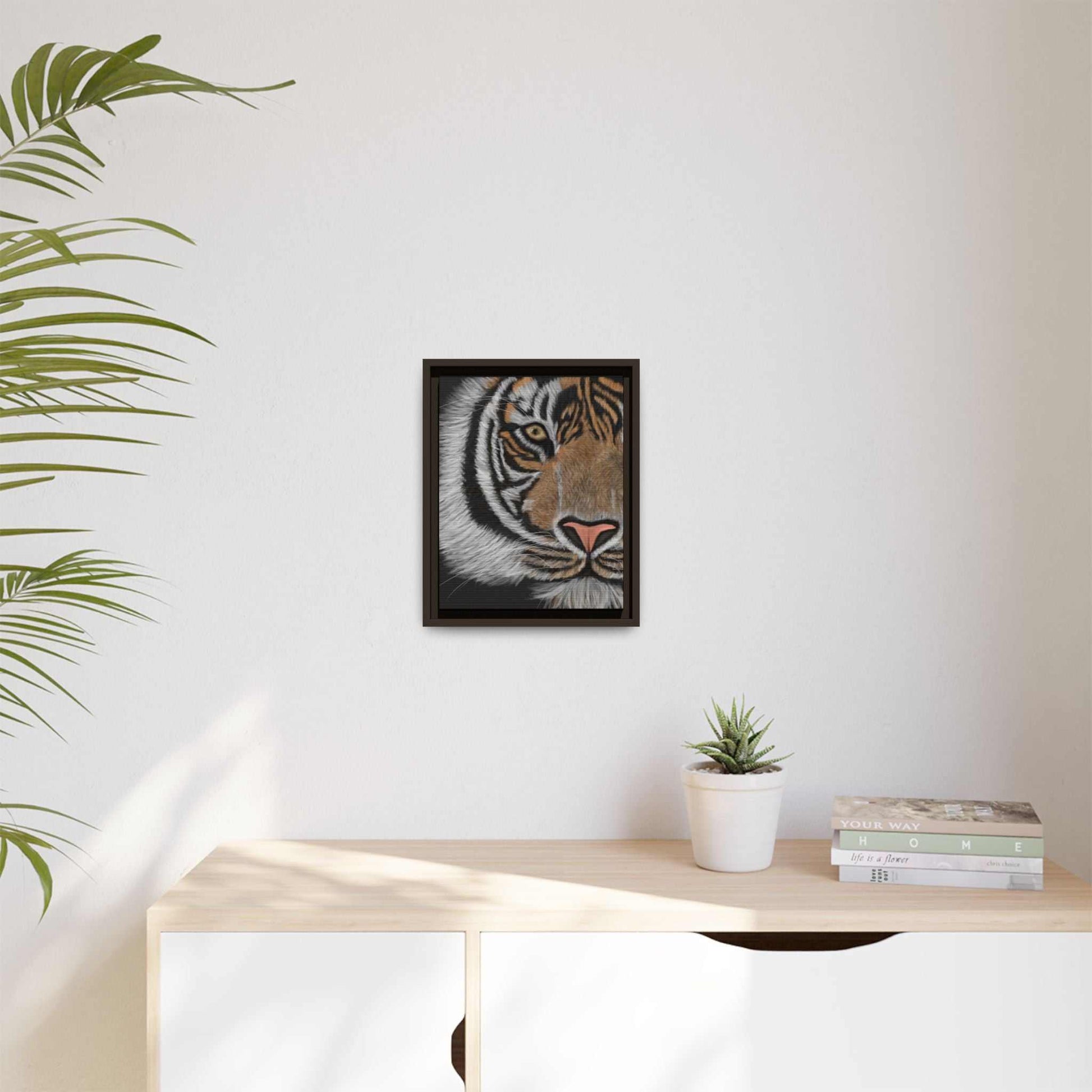 Tiger Matte Canvas framed art, showcasing a tiger portrait, ideal for jungle-themed decor.