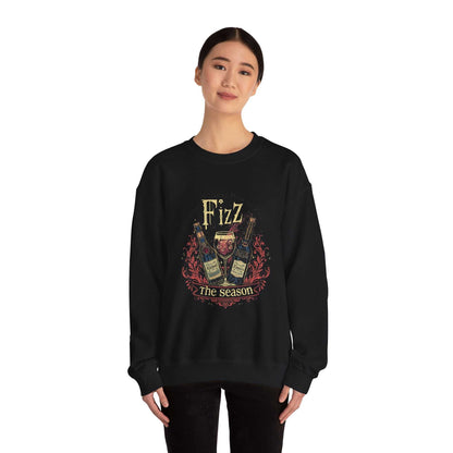 Woman wearing black "Fizz the Season" vintage ale holiday crewneck sweatshirt with festive ale bottle and glass design