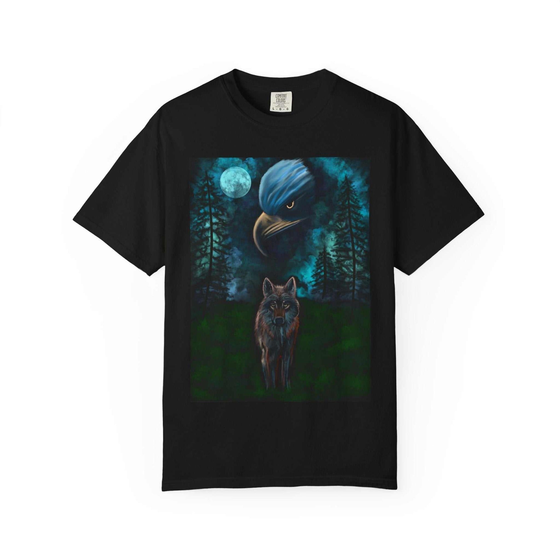 Black t-shirt featuring digital art of eagle and wolf under moonlight in forest setting