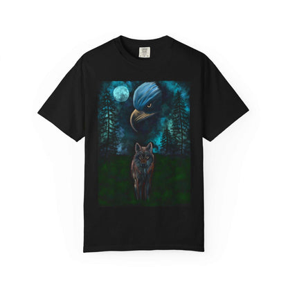 Black t-shirt featuring digital art of eagle and wolf under moonlight in forest setting