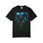 Black t-shirt featuring digital art of eagle and wolf under moonlight in forest setting