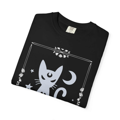 Black cat printed t-shirt with moon and stars design in gothic style