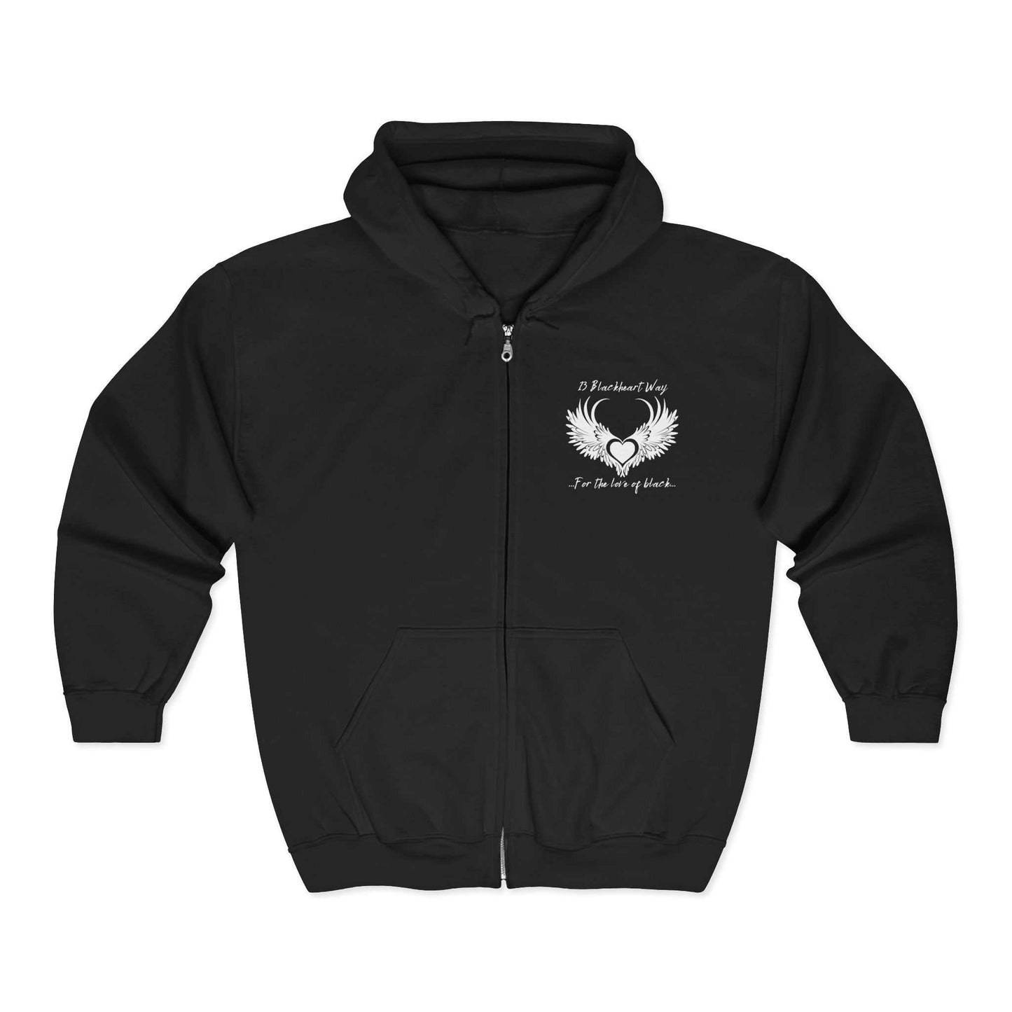Blackheart Logo Cozy Unisex Zip-Up Hoodie in black with front pockets and adjustable hood