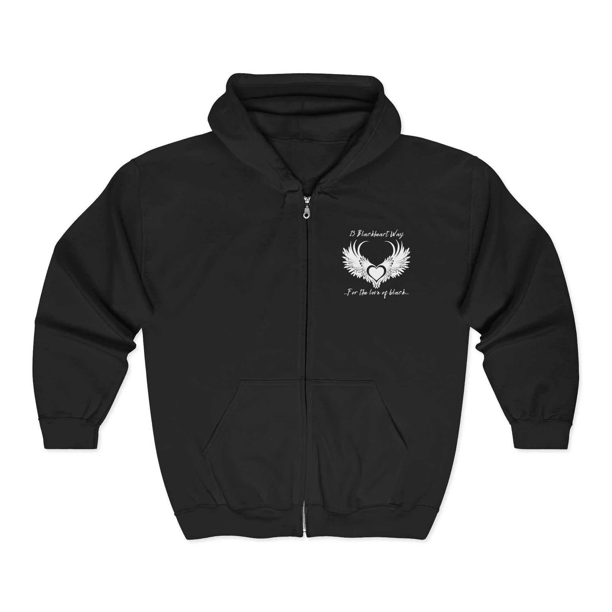 Blackheart Logo Cozy Unisex Zip-Up Hoodie in black with front pockets and adjustable hood