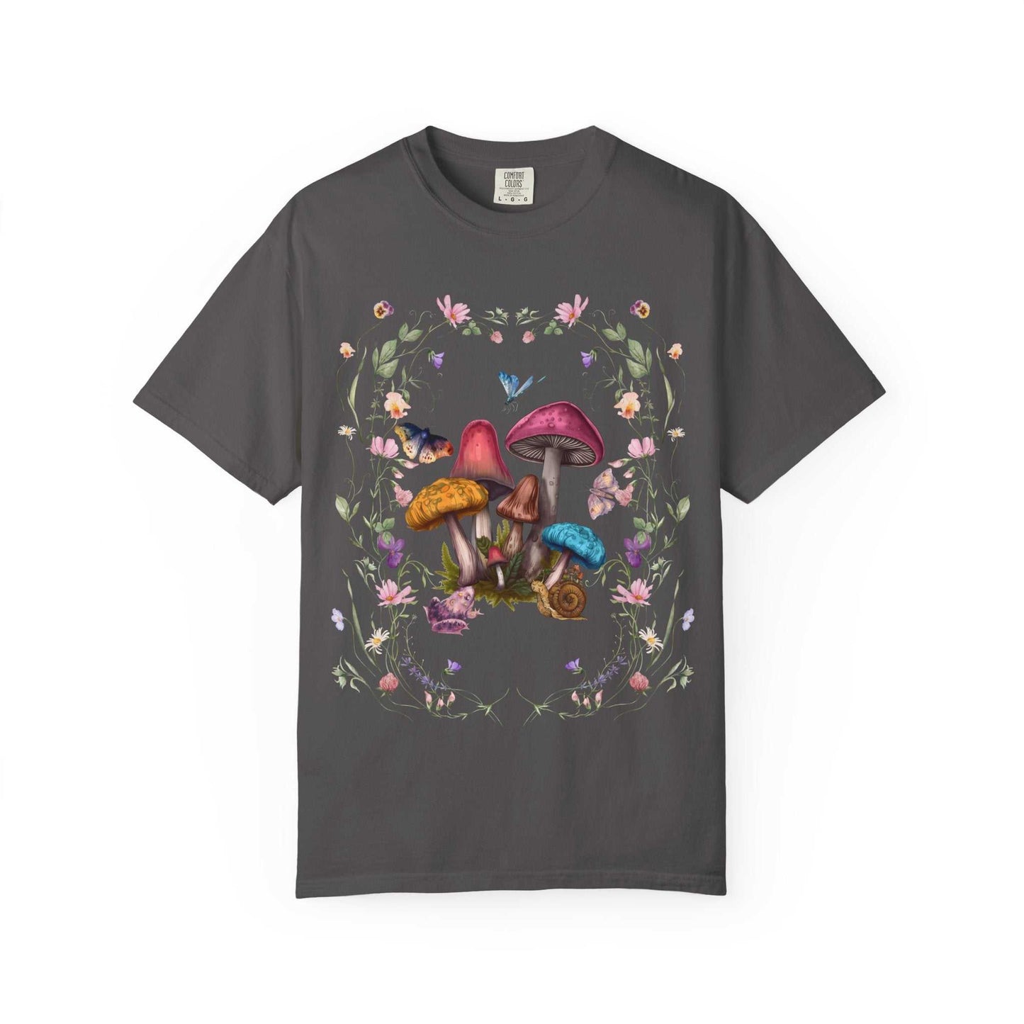 Mushroom-themed T-shirt with floral design, ideal for nature enthusiasts.