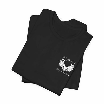13 Blackheart Way logo on black tee with small heart front and wing design back