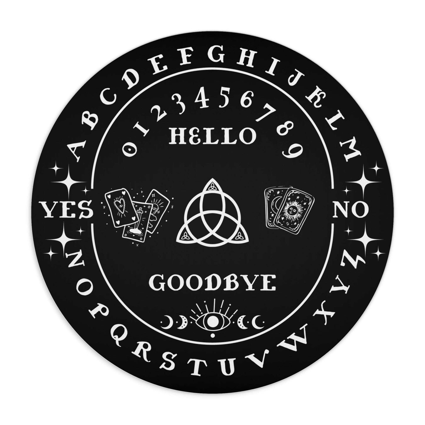 Round "Management is Haunted" pendulum mouse pad with white alphabet, numbers, Tarot icons, Triquetra symbol, and black non-slip surface