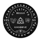 Round "Management is Haunted" pendulum mouse pad with white alphabet, numbers, Tarot icons, Triquetra symbol, and black non-slip surface