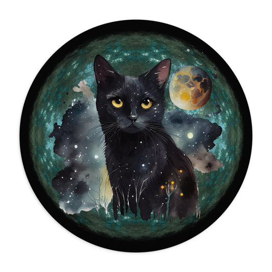 Mystical Cat Mouse Pad with cosmic black cat design and vibrant colors.