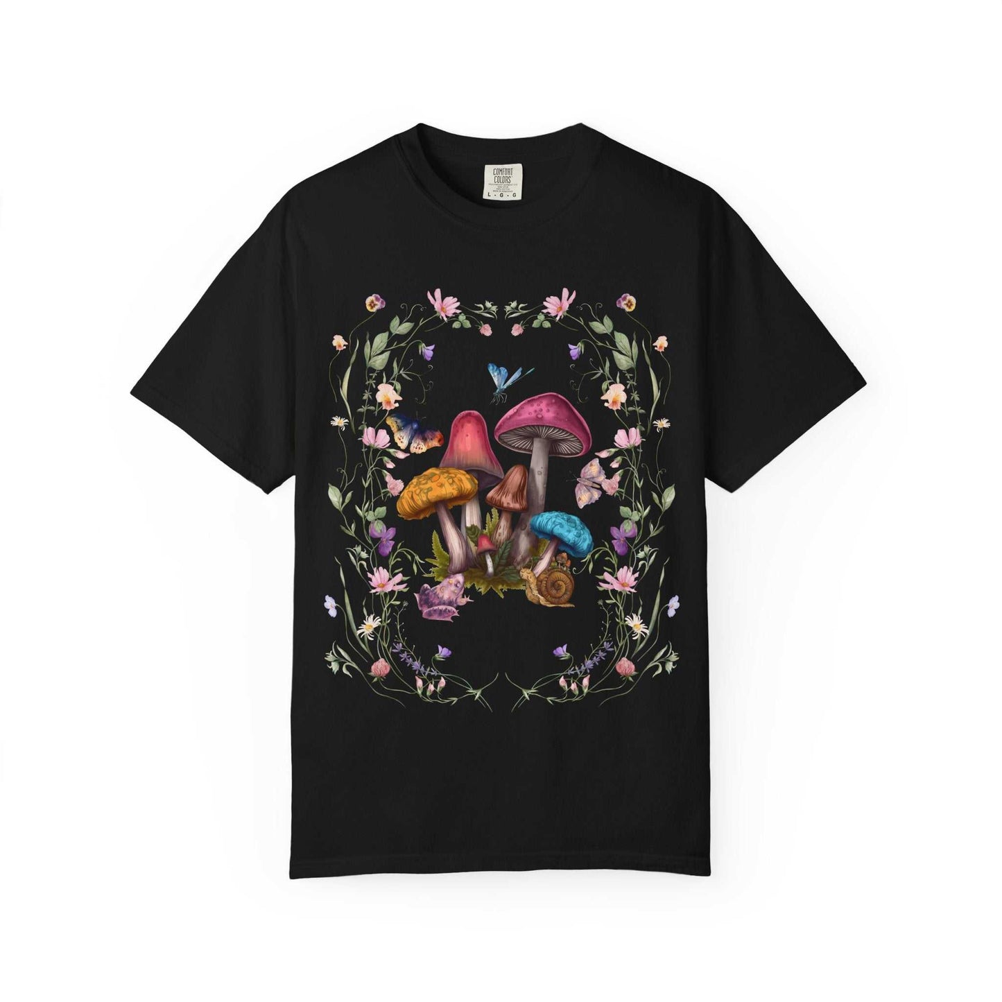 Mushroom Flower T-shirt with nature-inspired design on black fabric.
