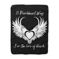 Blackheart logo Stylish Sherpa Fleece Blanket in black with white winged heart design and text, cozy and soft for warmth and decor.