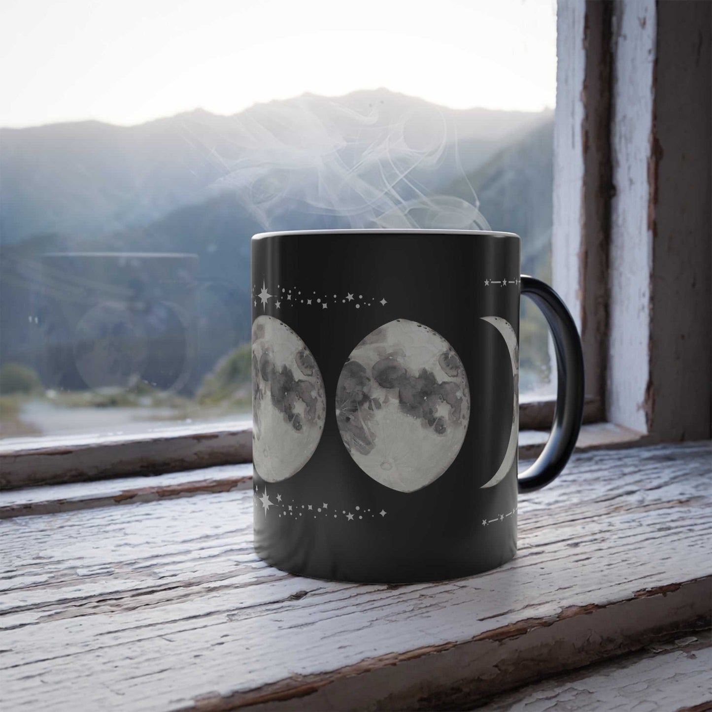 11oz Celestial Color Morphing Mug showing lunar phases as it heats up