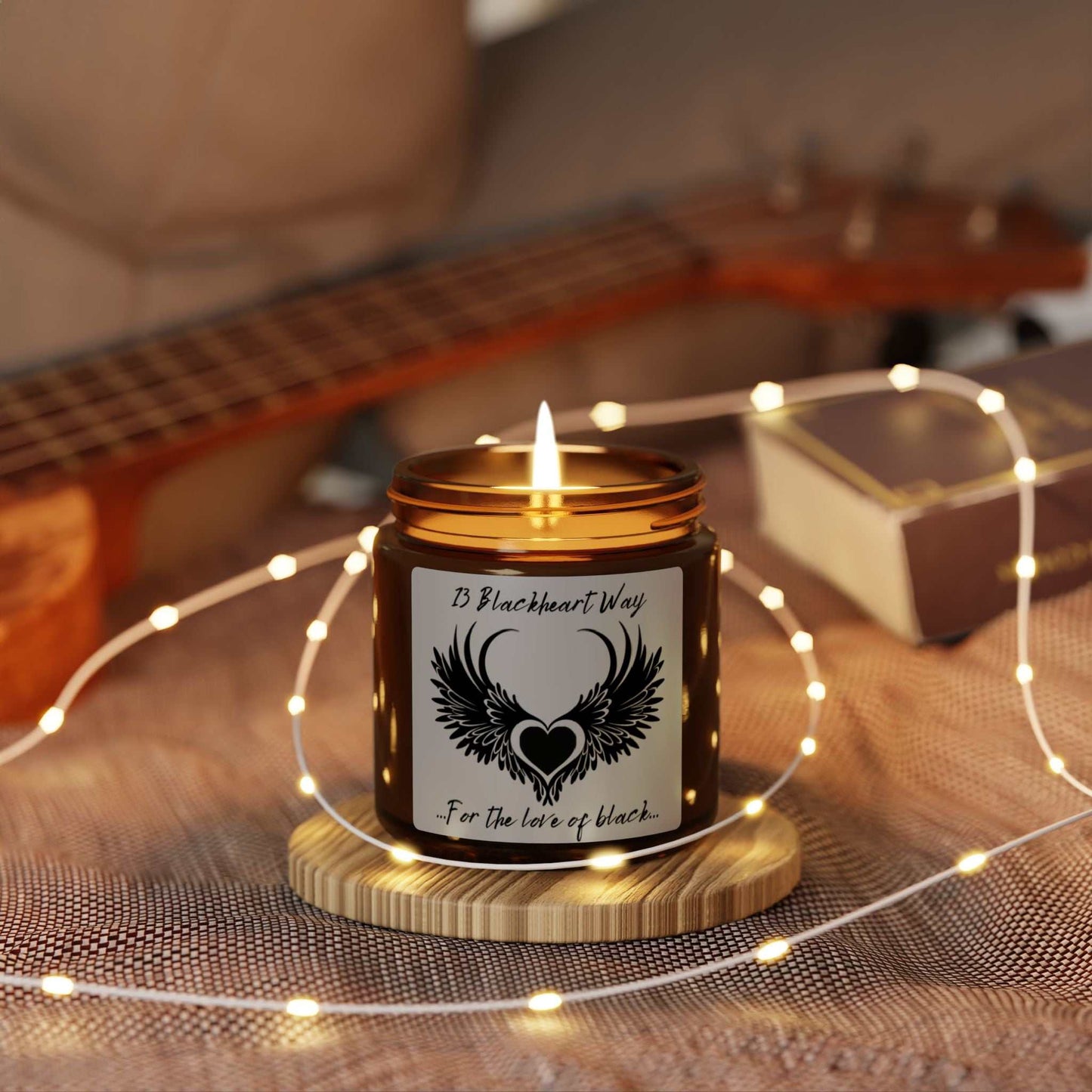Soy candle in amber jar with warm glow, creating cozy ambiance.