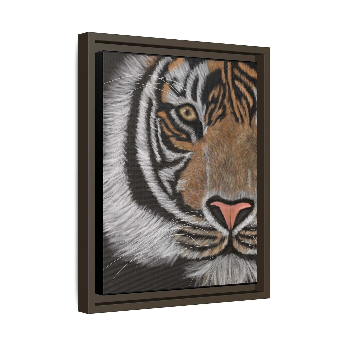 Tiger matte canvas with framed art of a tiger's face, ideal for jungle-themed decor.