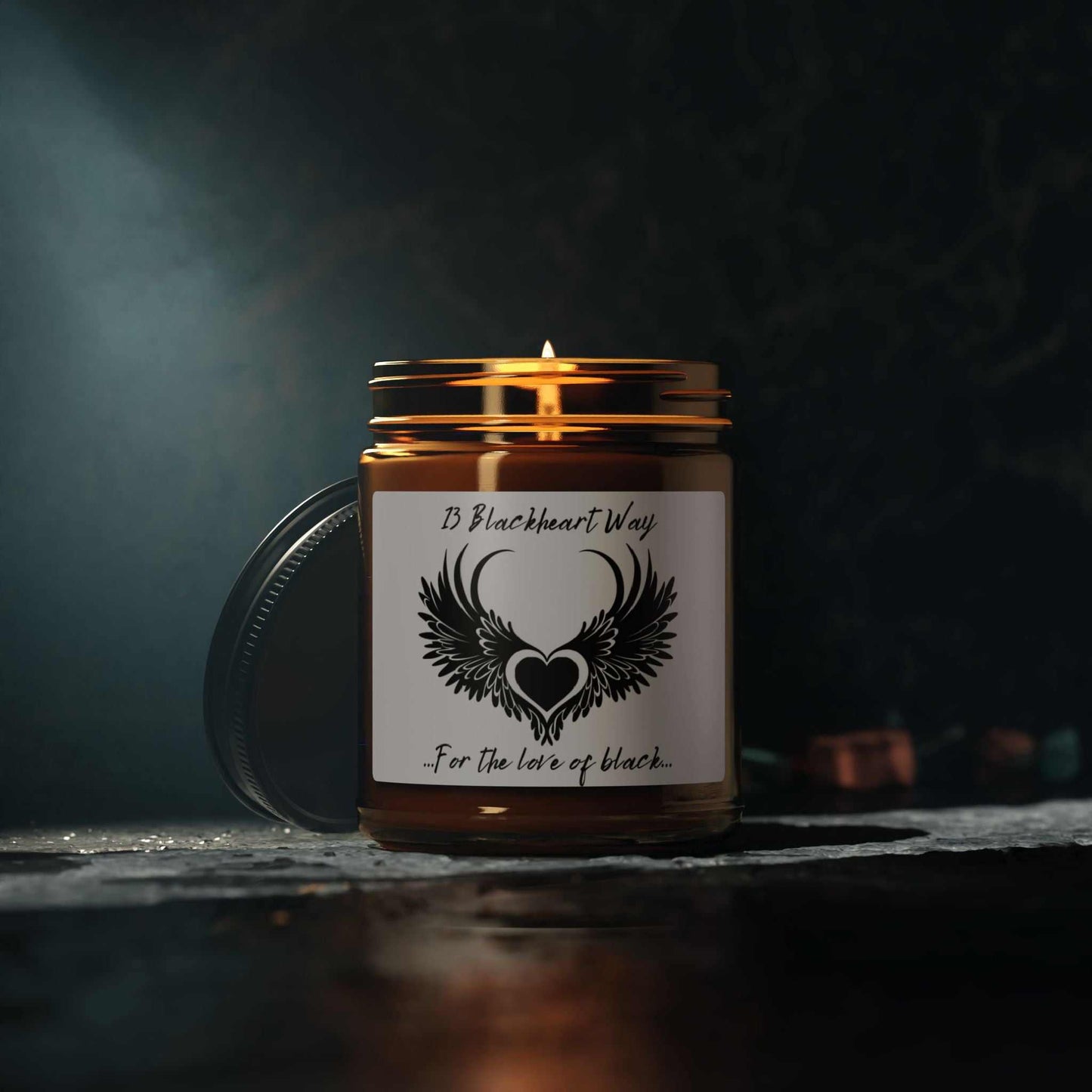 Custom Blackheart Way scented soy candle in reusable amber jar for eco-friendly home décor and gifts