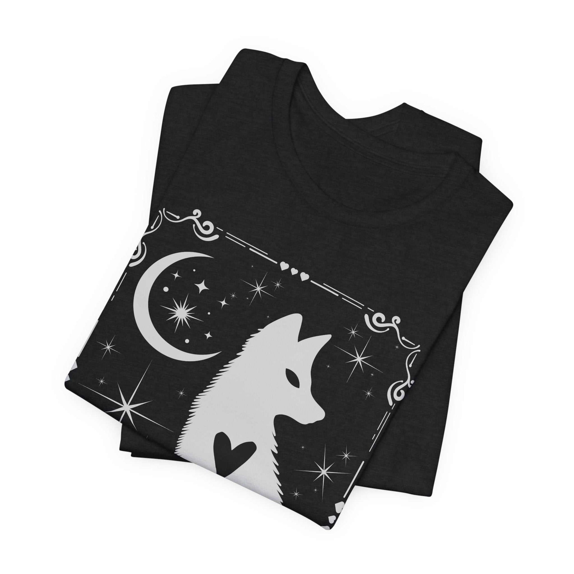 Black short sleeve t-shirt with white celestial fox and stars design, unisex cotton tee for animal lovers and bohemian style gifts.