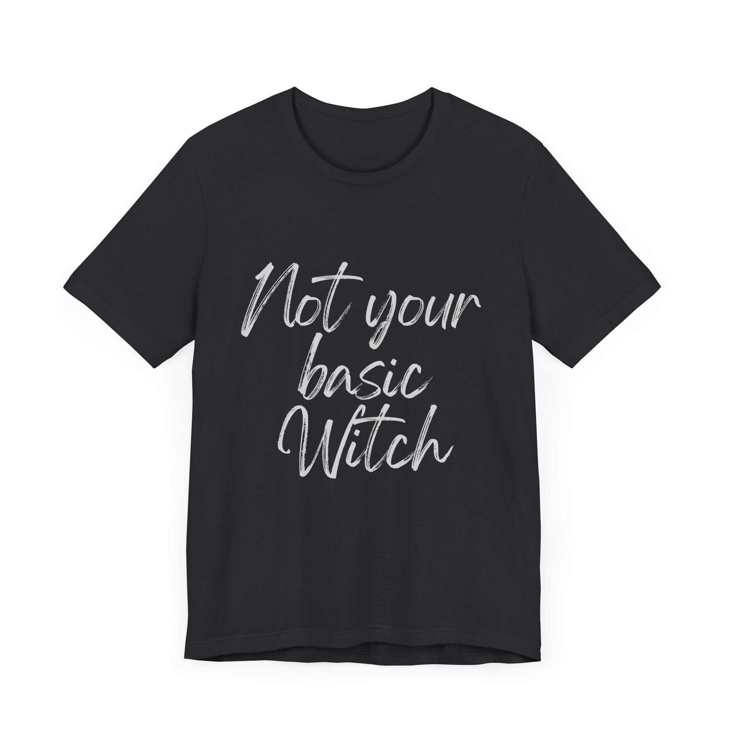 Witch printed tee shirt with "Not Your Basic Witch" design in black.