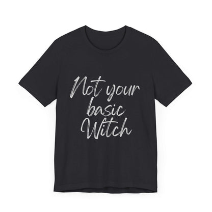 Witch printed tee shirt with "Not Your Basic Witch" design in black.