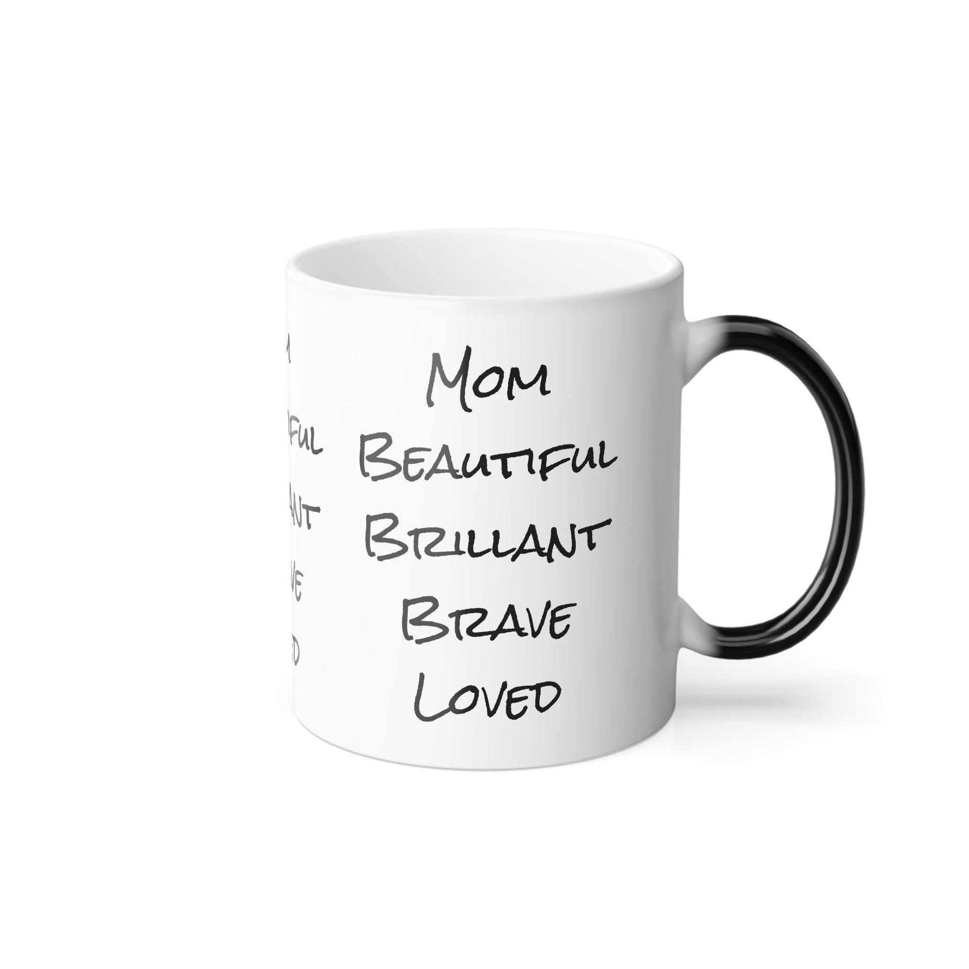 Moms color morphing mug with heat-sensitive design revealing special message.