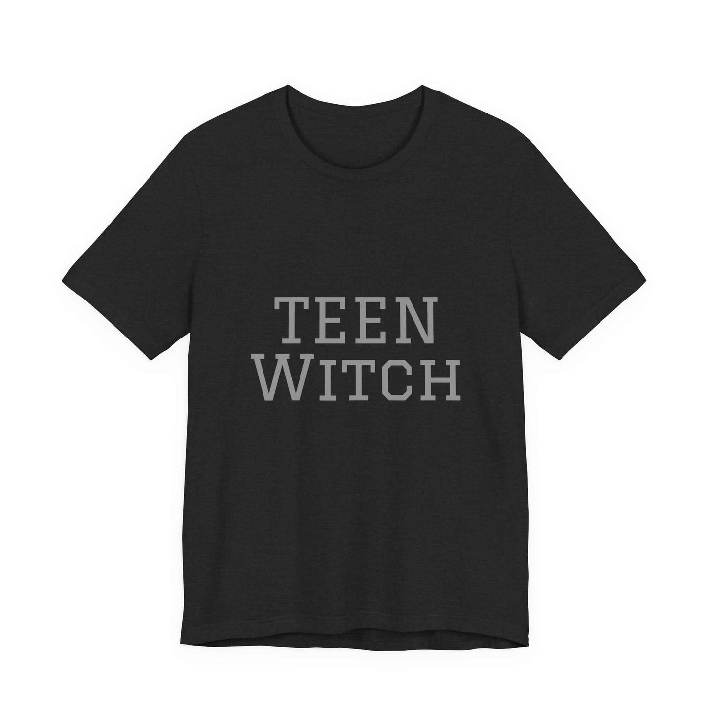 Teen Witch Unisex Jersey Short Sleeve Tee Black unisex jersey short sleeve tee with "TEEN WITCH" text in gray for Halloween and everyday wear