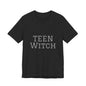 Teen Witch Unisex Jersey Short Sleeve Tee Black unisex jersey short sleeve tee with "TEEN WITCH" text in gray for Halloween and everyday wear