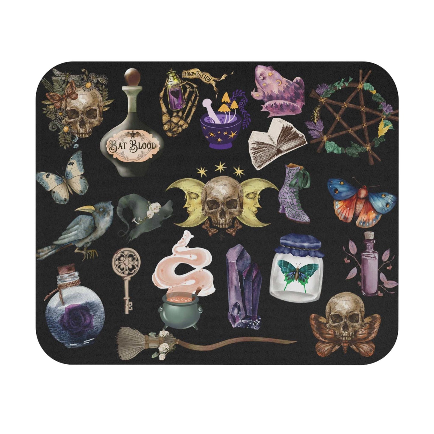 Gothic Witchcraft Mouse Pad with skull and potion design for spooky aesthetics.