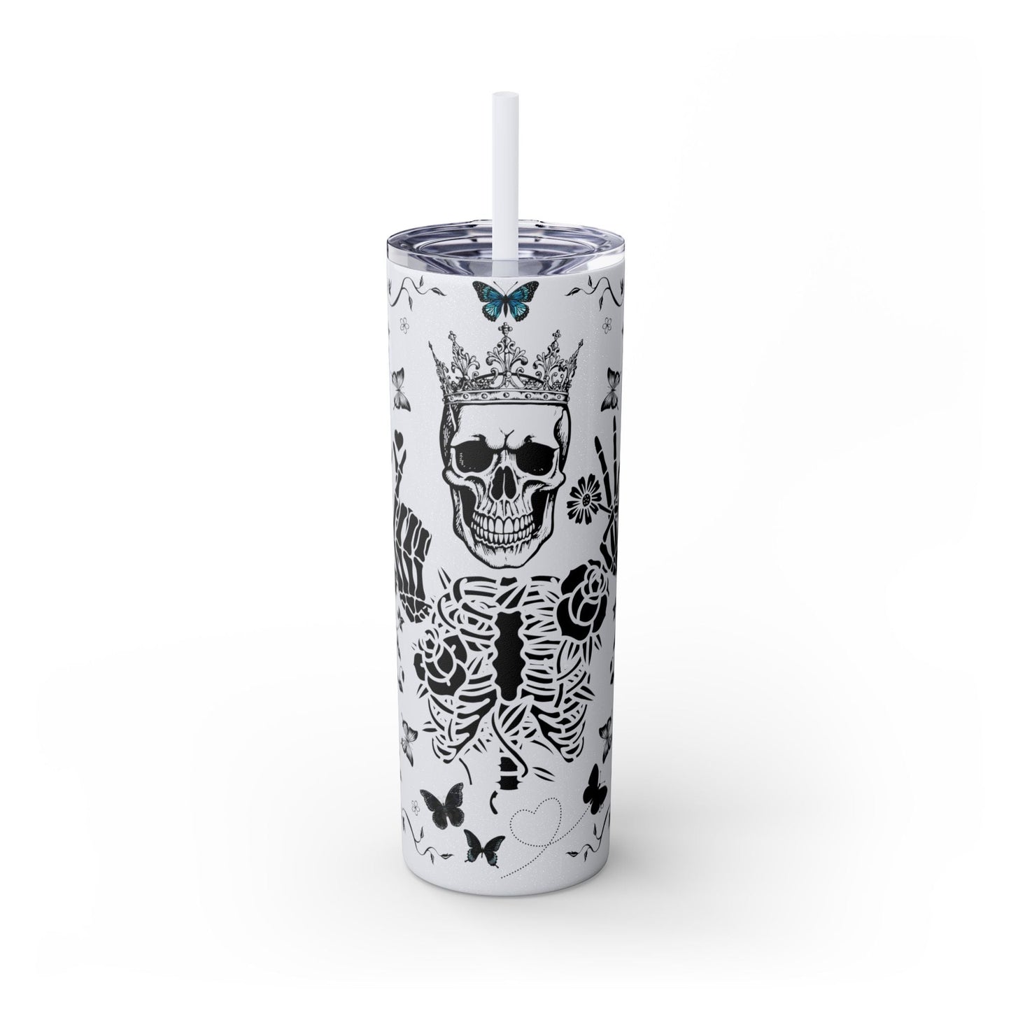 White Gothic Skull Tumbler with crown design, butterflies, and double-wall insulation with clear lid and straw for Halloween parties and travel.