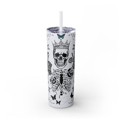 White Gothic Skull Tumbler with crown design, butterflies, and double-wall insulation with clear lid and straw for Halloween parties and travel.