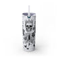 White Gothic Skull Tumbler with crown design, butterflies, and double-wall insulation with clear lid and straw for Halloween parties and travel.