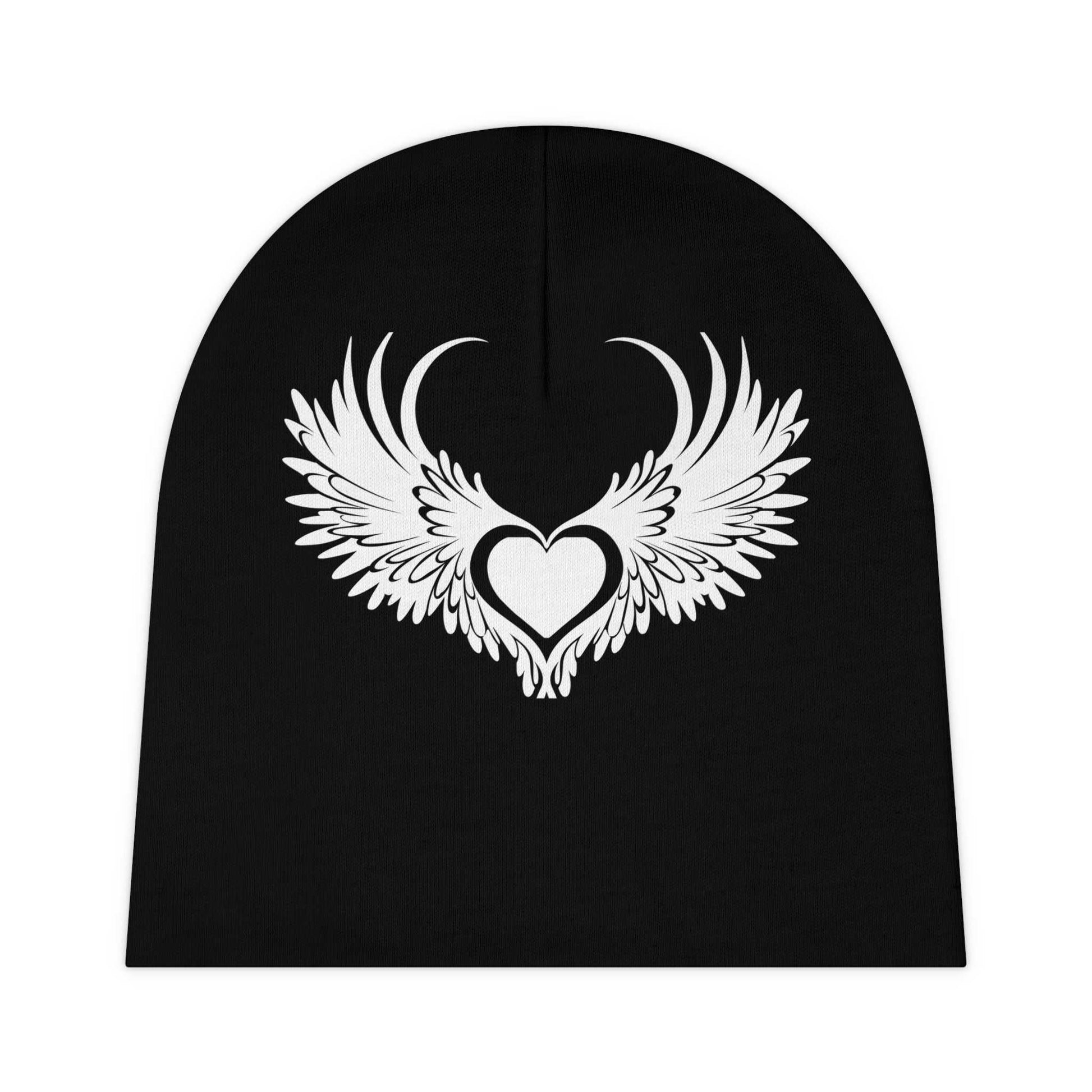 Black knit baby beanie with white winged heart logo stylish baby beanie