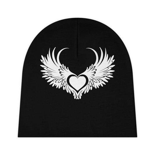 Black knit baby beanie with white winged heart logo stylish baby beanie