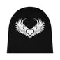 Black knit baby beanie with white winged heart logo stylish baby beanie