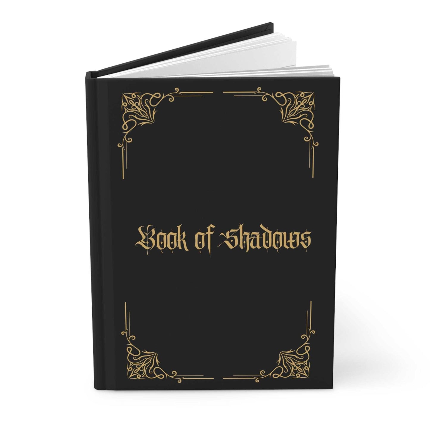 Book of Shadows hardcover journal with elegant black and gold design.