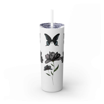 Tumbler Cup – Elegant Black Design with Butterflies & Flowers – 20oz