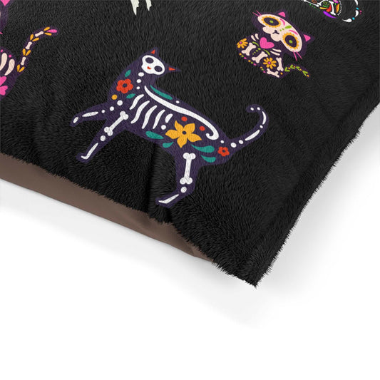 Black luxury cat bed with premium sugar skull design featuring colorful skeleton cats on plush fabric